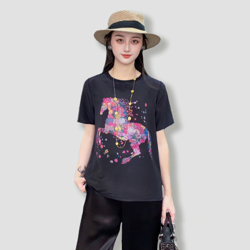 100桑蚕丝真丝双绉以梦为马宽松休闲短袖桑蚕丝T恤上衣SYD07