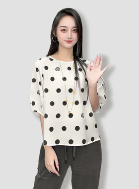 100桑蚕丝真丝双绉简约简约波点山茶花五分袖桑蚕丝T恤上衣SYW01