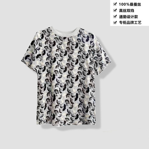 100桑蚕丝真丝双绉花团锦簇新中式宽松短袖桑蚕丝T恤上衣SYD26