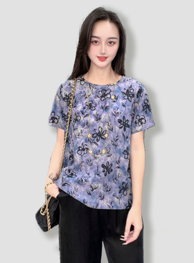 100桑蚕丝真丝双绉梦幻花影碎花宽松圆领桑蚕丝T恤上衣DXE03