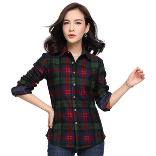 格子加绒保暖衬衫 女长袖冬装新款加厚修身上衣外套大码弹力衬衣