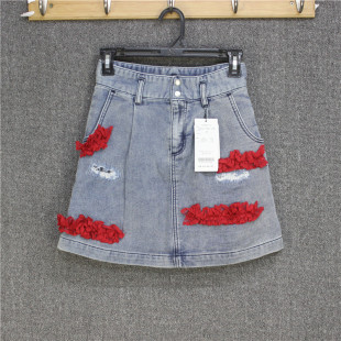 彬彬家 日本单贵牌针织补丁半身裙牛仔裙