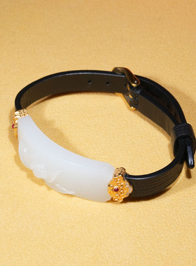 18k金镶嵌新疆和田白玉荷花手牌皮带款男女手饰