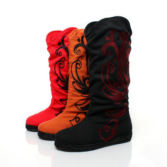 NEW RETRO ETHNIC STYLE EMBROIDERED BOOTS MILLE-FEUILLE BOTTOM BOOTS HIGH-TUBE INNER HEIGHTENED WOMENS BOOTS SPRING AND AUTUMN SINGLE BOOTS COTTON BOOTS