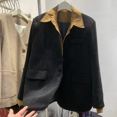 长袖衬衫拼接假两件灯芯绒西装