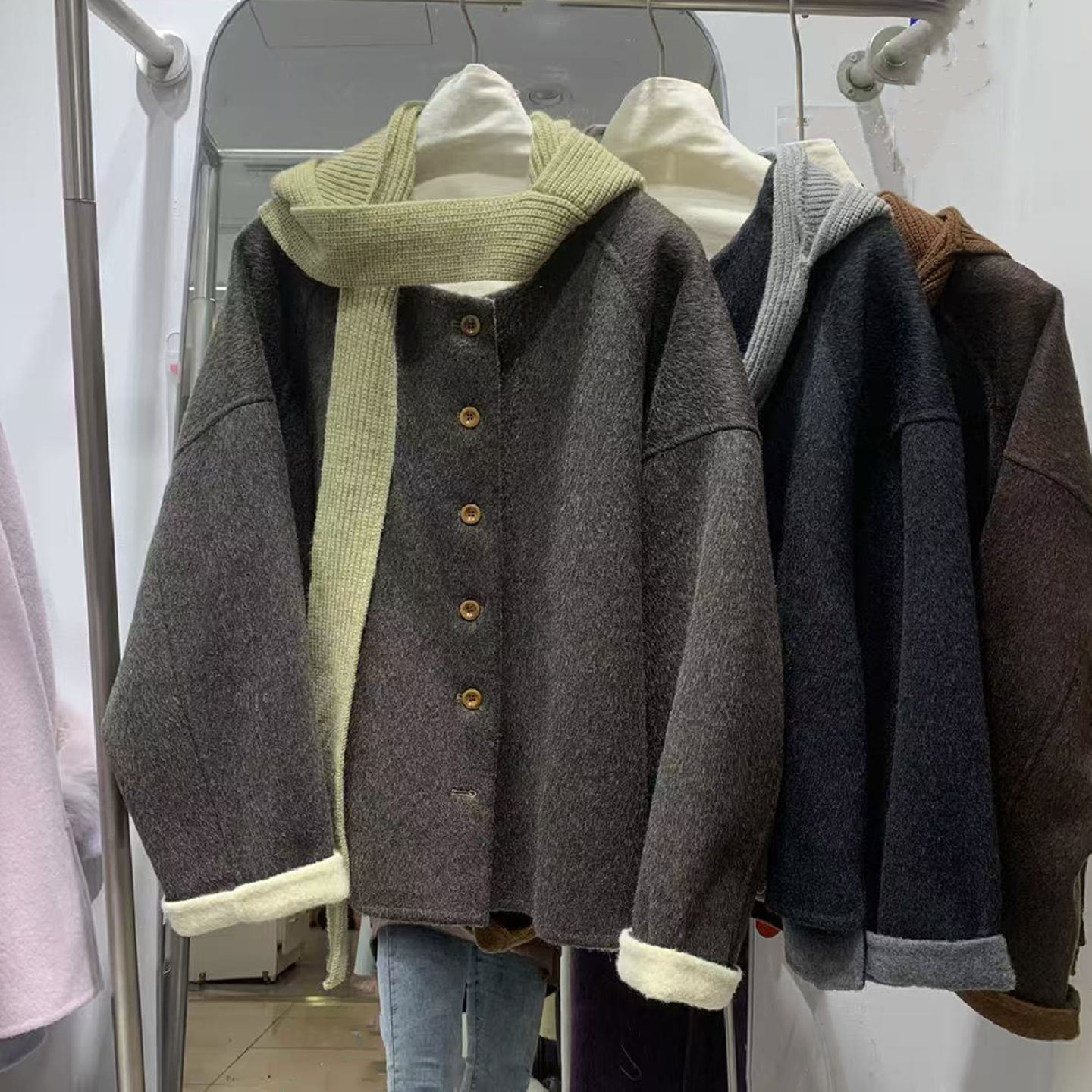 针织帽披肩撞色羊毛双面呢短大衣