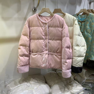 新中式仿貂毛袖口金丝绒圆领鹅绒服女2024冬季新款气质国风羽绒服