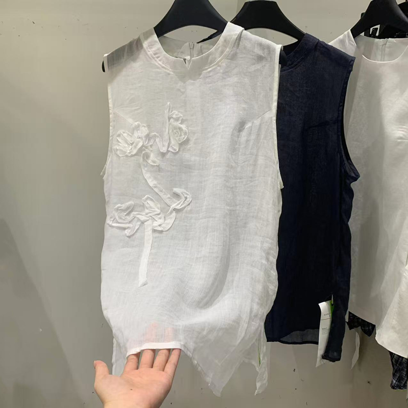 重工立体花朵立领麻料背心马甲