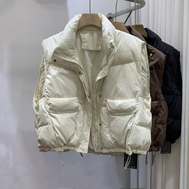 拉链短款立领大口袋白鸭绒马甲