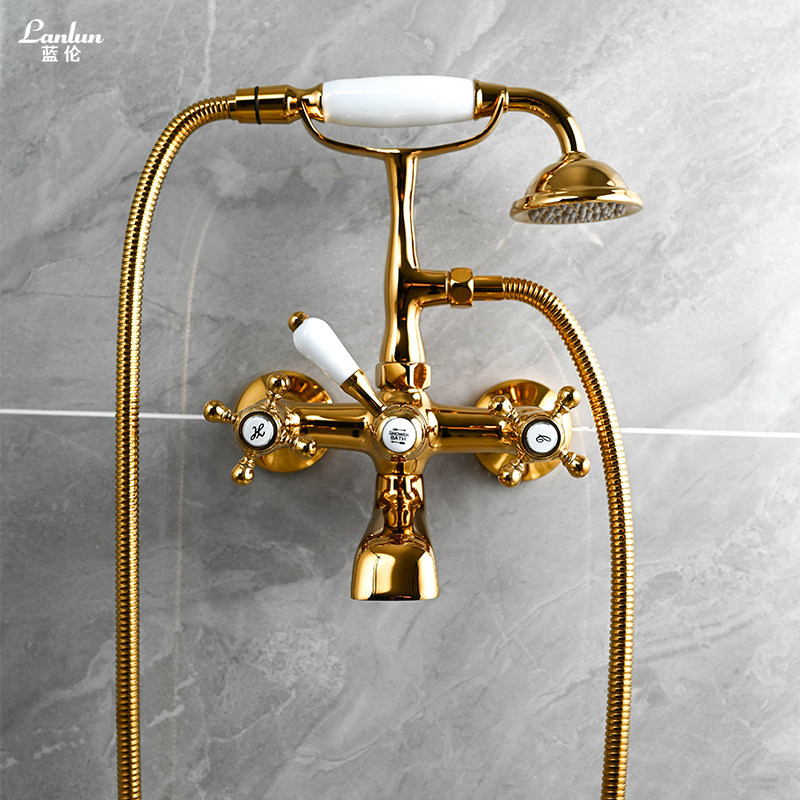 蓝伦卫浴全铜入墙式挂墙式欧式复古十字旋转冷热水墙装电话龙头