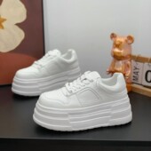 女2026春季 新款 6cm小个子松糕鞋 真皮厚底小白鞋 增高百搭休闲板鞋