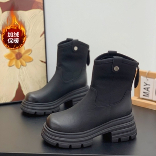 加绒大头短靴女小个子显腿长粗跟6CM马丁靴2025冬季新款瘦瘦靴子