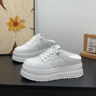 内增高7CM小个子女半拖鞋2026夏新款免系带半拖鞋后空真皮小白鞋