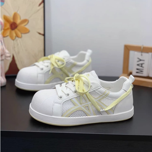 小众丑萌大头鞋女2026新款夏季镂空透网平底板鞋贝壳头真皮小白鞋