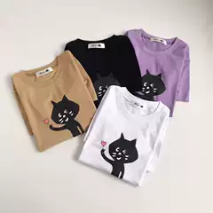 Japan 25 Summer New Collection Surprise Cat Heart Print Casual Comfortable Versatile Loose Short Sleeve T-Shirt for Women