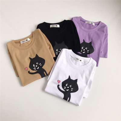 日本 25夏季新款 惊讶猫 比心印花休闲舒适百搭宽松短袖T恤女