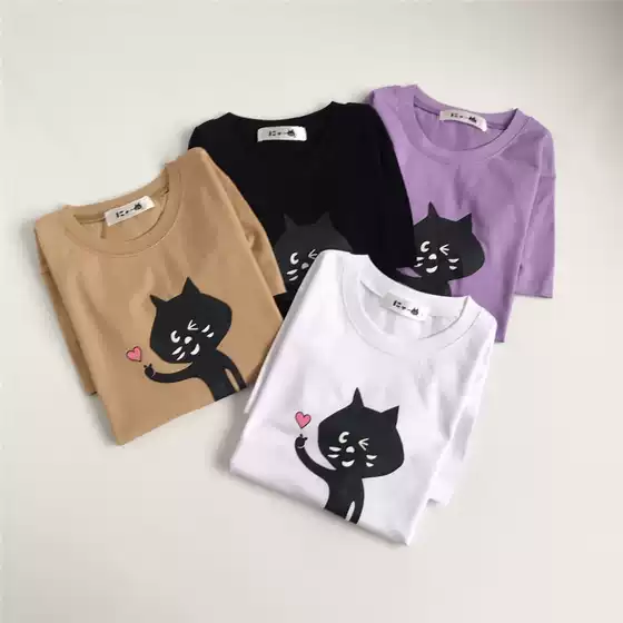 Japan 25 Summer New Collection Surprise Cat Heart Print Casual Comfortable Versatile Loose Short Sleeve T-Shirt for Women