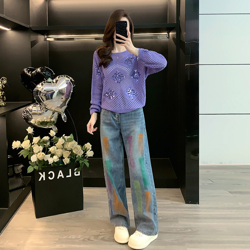 紫色亮片毛衣外套女套装秋季新款洋气时尚休闲涂鸦牛仔裤两件套
