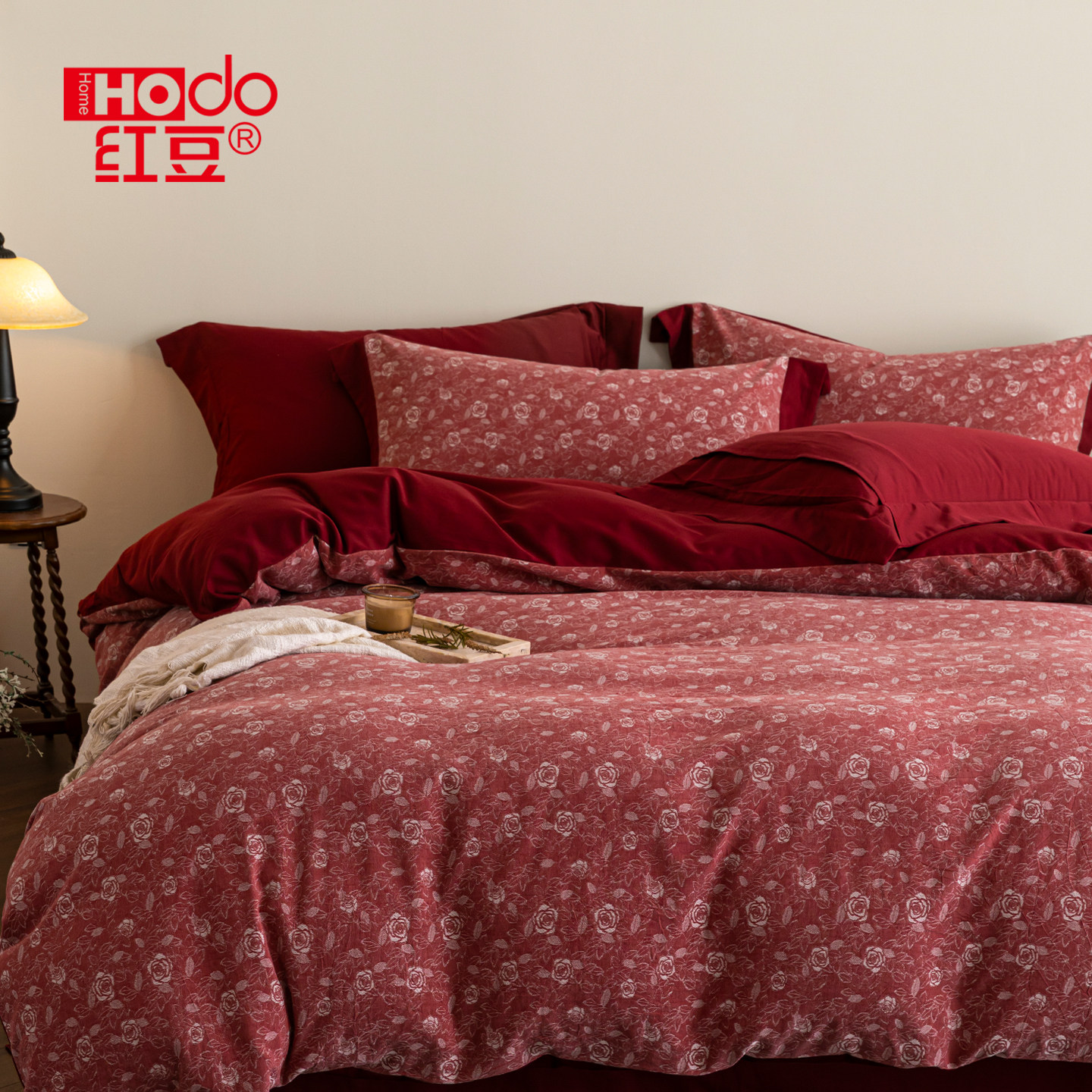 红豆红色高级感复古提花结婚四件套全棉床单被套年轻人婚庆新婚喜