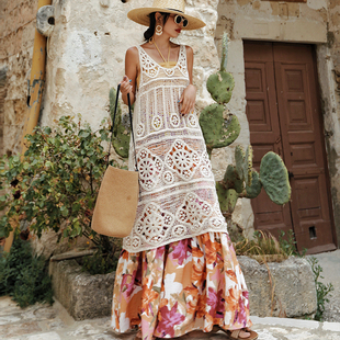 麦叙《流云漫》波西米亚度假风钩花镂空针织罩衫连衣裙中长背心裙