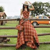 麦叙原创 格纹序曲 复古辣妹不规则格纹吊带连衣裙红色格子长裙