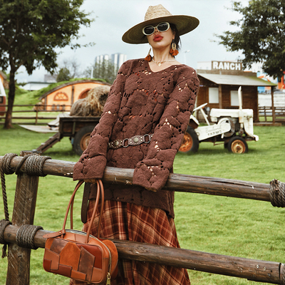 复古咖钩花镂空针织衫中长款罩衫