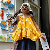 麦叙原创 上衣 度假风黄色花朵刺绣棉麻吊带背心夏季 太阳花 法式