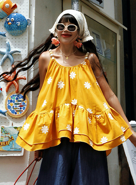 麦叙原创《太阳花》法式度假风黄色花朵刺绣棉麻吊带背心夏季上衣