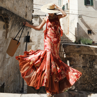 复古丝绒提花荷叶边鱼尾吊带连衣裙长裙 法式 麦叙原创 花火人鱼