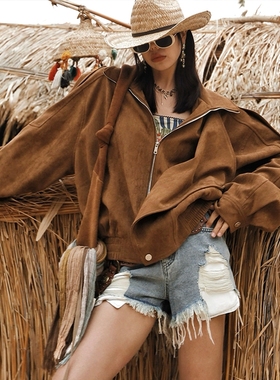 麦叙《山野追风》美式复古棕色帅气翻领麂皮绒短外套女秋季夹克