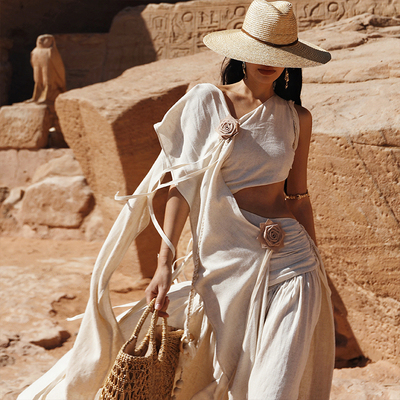 埃及度假风设计感飘带棉麻连衣裙
