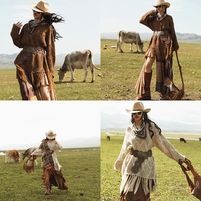 麦叙复古慵懒风中长款流苏针织衫