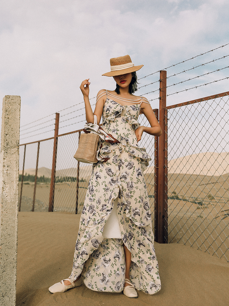 麦叙一字肩碎花吊带雪纺连衣裙夏