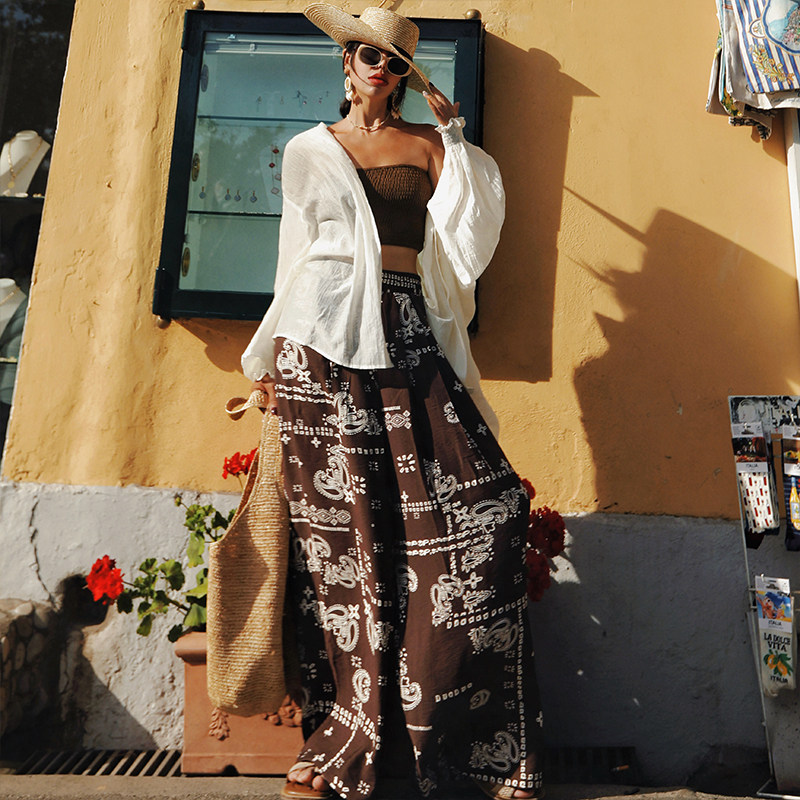 麦叙《波西印象》复古异域民族风高腰印花阔腿休闲裤女度假长裤