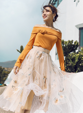 【7折】麦叙《橙色夏日》气质弹力T恤上衣+网纱绣花半身裙套装春