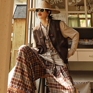 复古棕色串珠条绒印花马甲背心女秋短外搭 新中式 麦叙原创 画秋