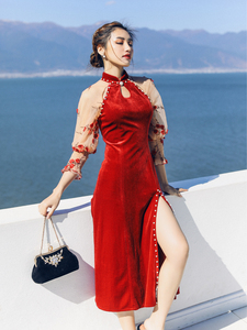 【7折特价】麦叙《庭中花》气质复古红色丝绒连衣裙2024海边度假