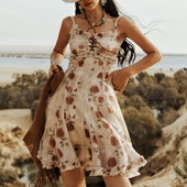 麦叙原创 桃乐丝 复古纯欲辣妹风蕾丝印花绑带吊带短裙连衣裙夏