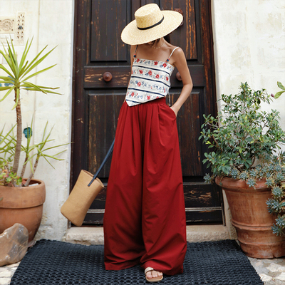 美式复古红色高腰阔腿裤休闲长裤