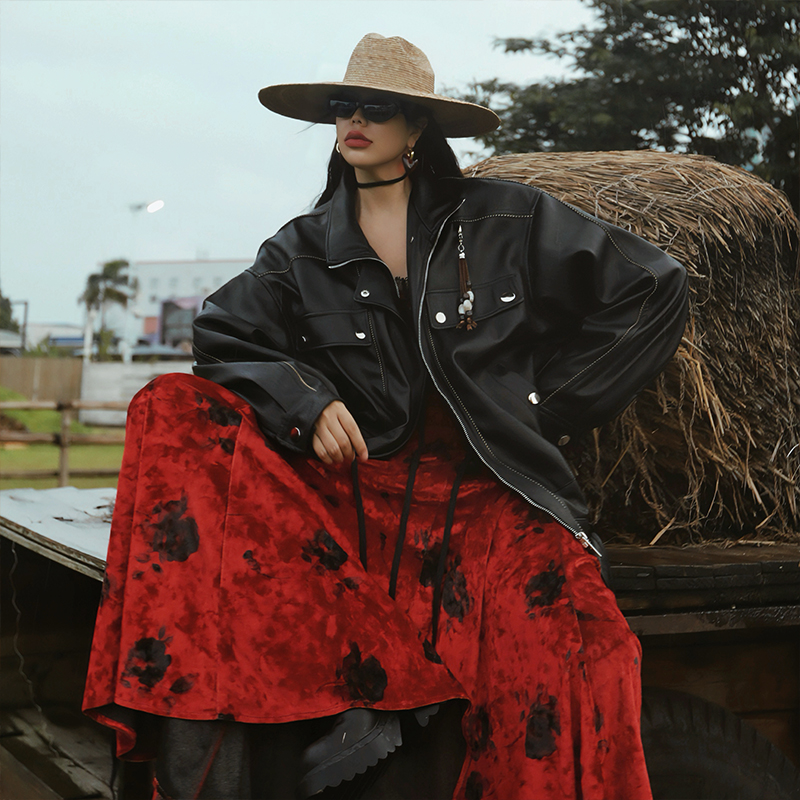 麦叙原创《浪漫骑士》美式复古帅气机车风黑色宽松PU皮衣外套夹克