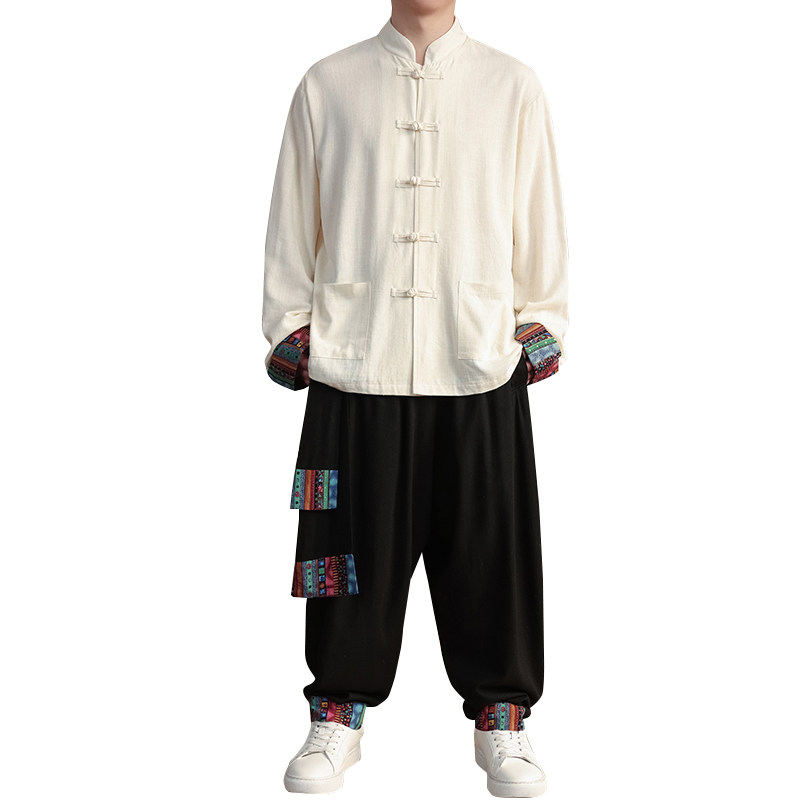风M盘扣亚麻棉麻衬衫夹克外套大裤裆套装男TZ136-P150控178,男装夹克,电商A005