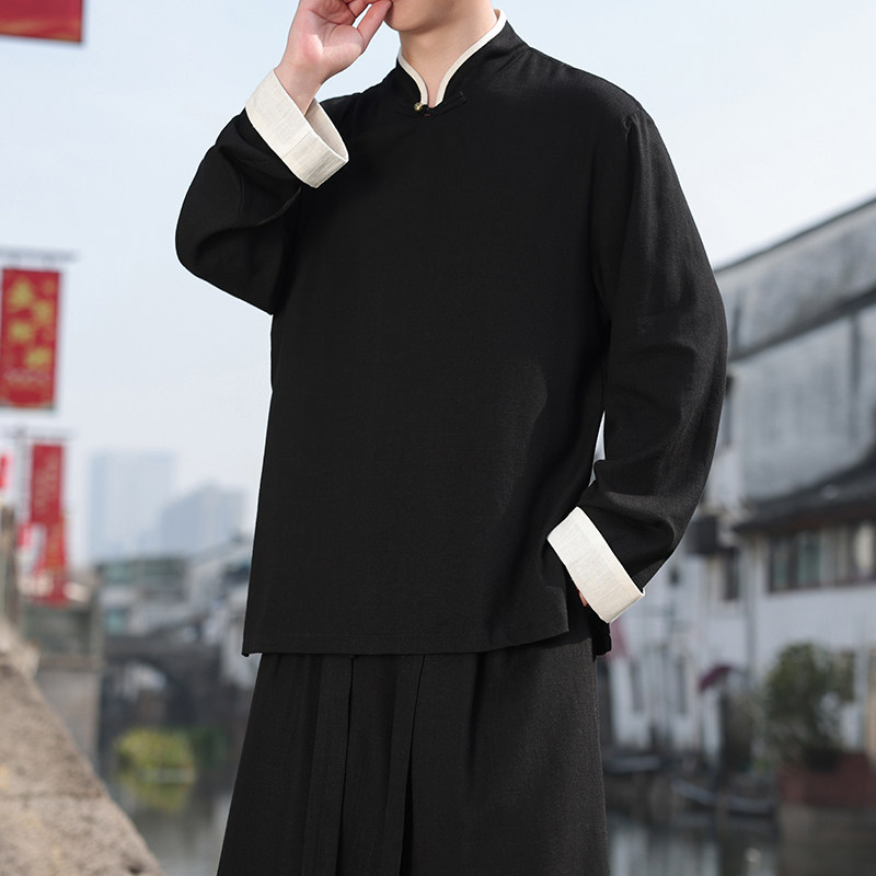 新中式H斜襟盘扣亚麻棉麻中山装立领衬衫夹克外套JK23-P98控118,男装夹克,电商A005