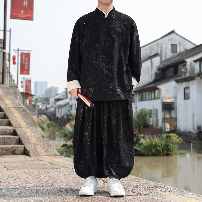 新中式AJ龙纹灯芯绒中山装夹克外套束脚裤套装男TZ132-P173控198,男装夹克,电商A005