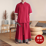 斜襟盘扣M亚麻中袖衬衫民族风复古裙裤阔腿裤套装TZ165-P176控198，男装衬衫，电商A005