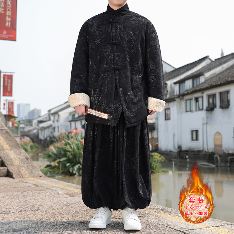 新中式AP龙纹灯芯绒羊羔毛夹克棉衣服保暖套装男TZ131-P203控228,男装夹克,电商A005