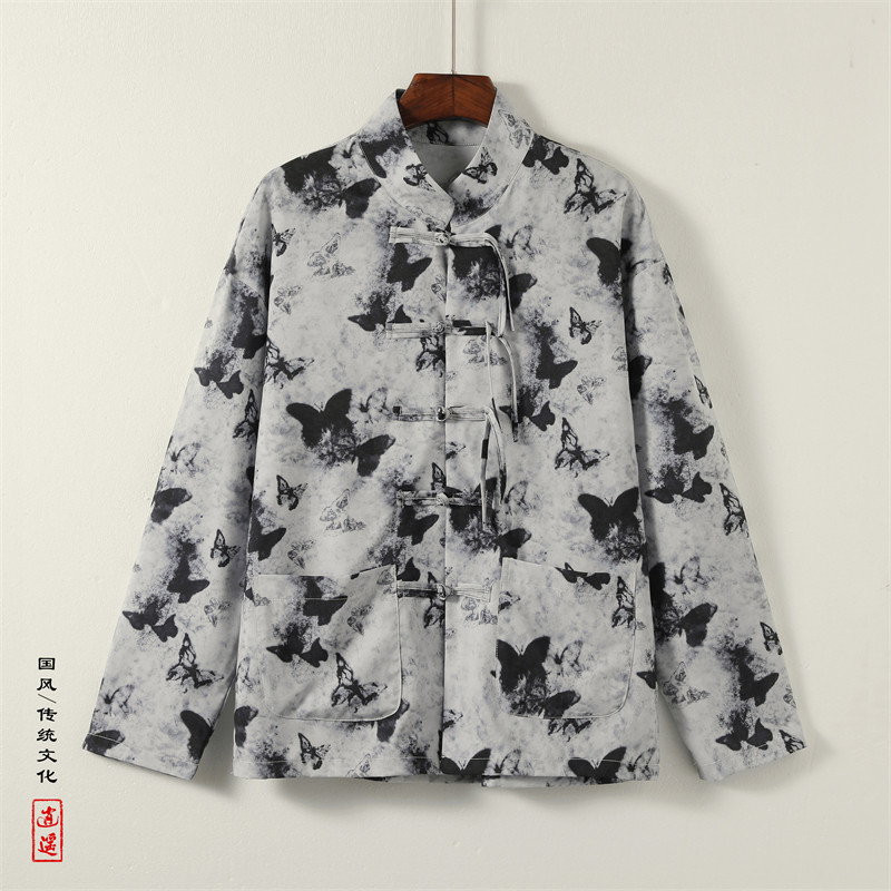 新中式J盘扣长袖衬衫男改良汉服唐装蝴蝶印花外套CS28-P68控88,男装衬衫,电商A005