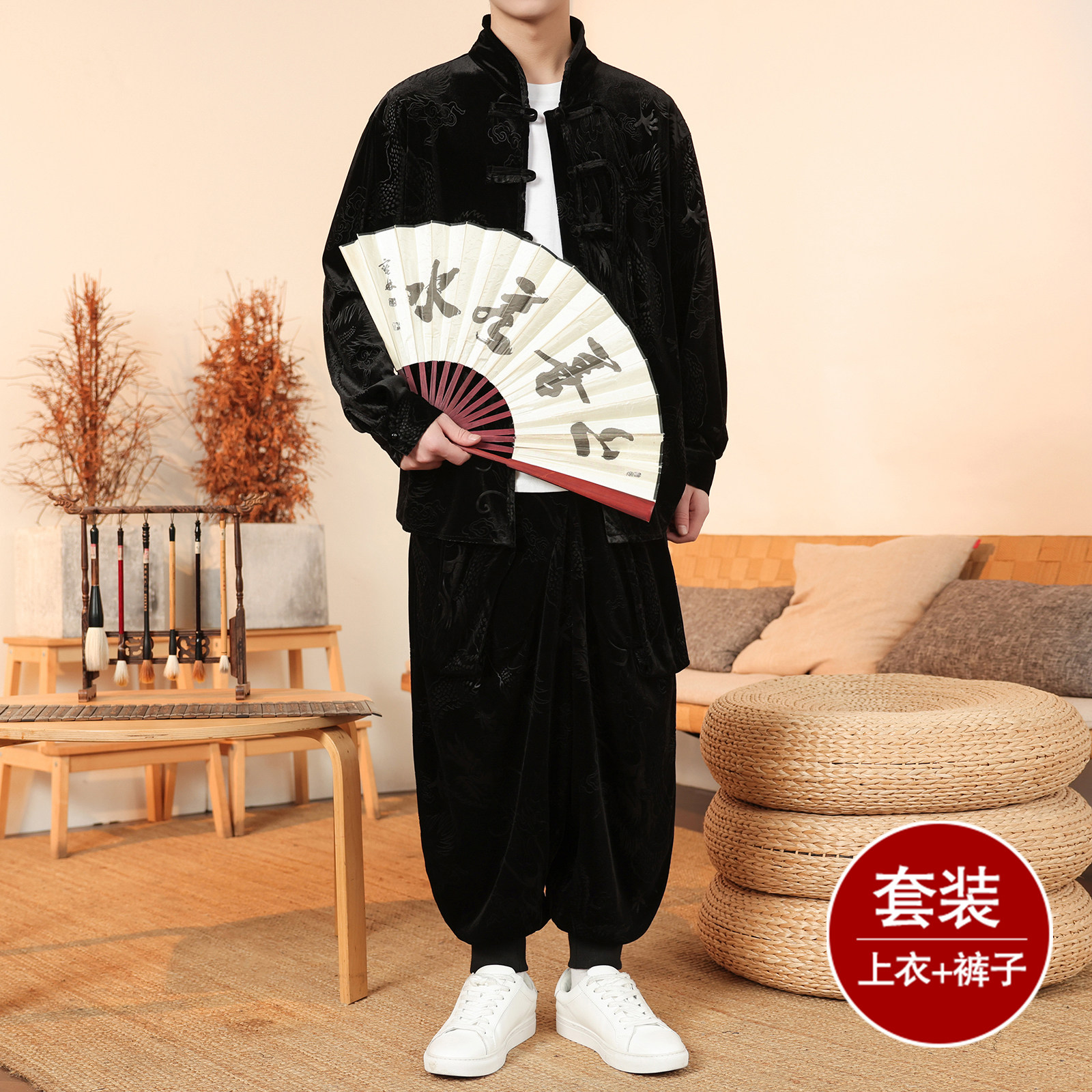 新中式H盘扣龙纹金丝绒外套男哈伦裤飞鼠裤套装男TZ182-P136控158,男装休闲套装,电商A005