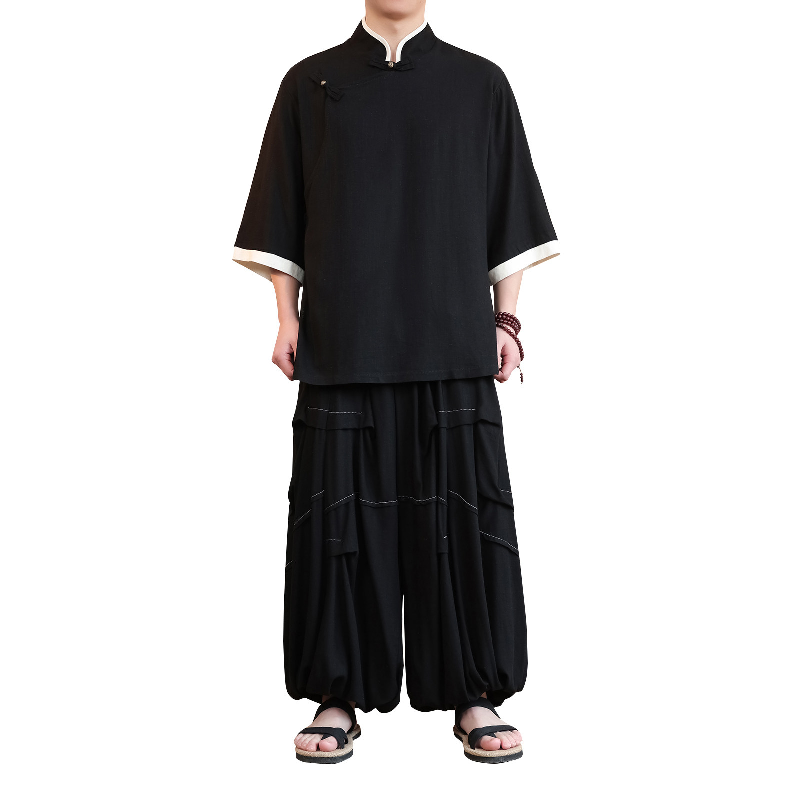 风E斜襟棉麻衬衫中山装外套折褶阔腿裤套装男TZ170-P166控188,男装休闲套装,电商A005
