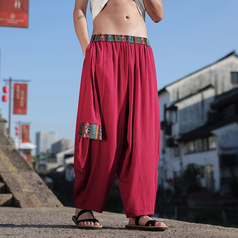 民族风G新中式棉麻宽松大裤裆舞蹈萝卜裤阔腿拖地裤K218-P88控108,男装休闲裤,电商A005