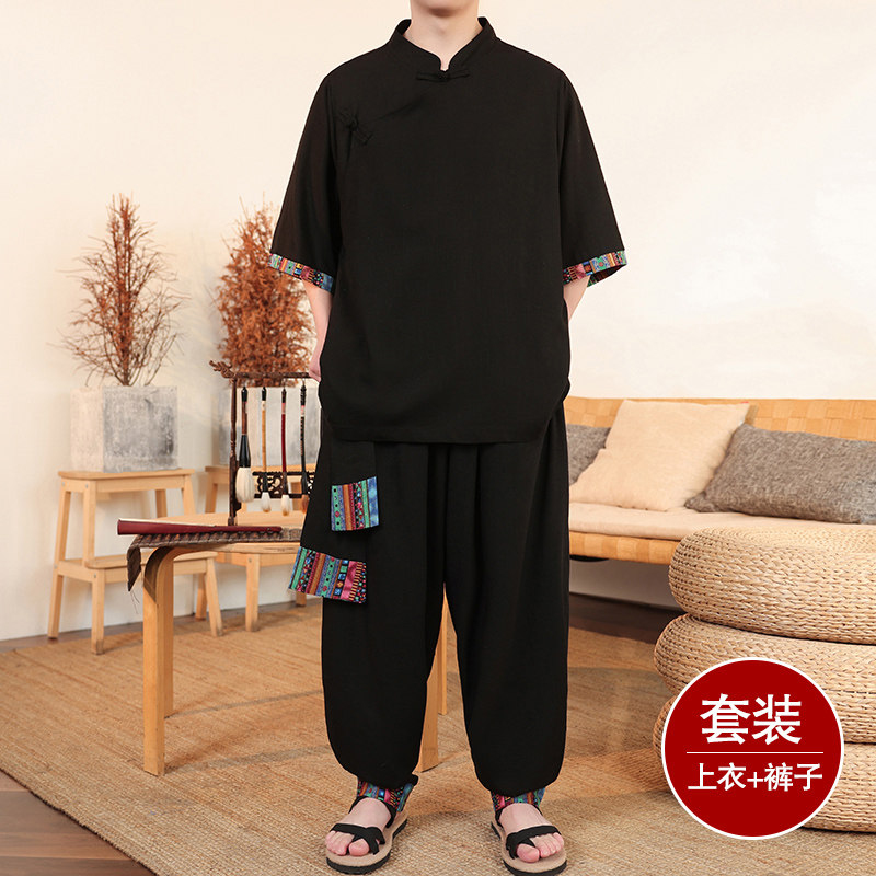 民族风G斜襟盘扣亚麻拼色中袖衬衫阔腿裤套装男TZ157-P143控168,男装衬衫,电商A005